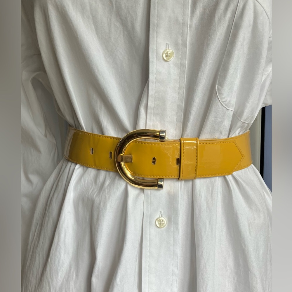 VNT Emmanuel Yellow Faux Patent Leather Belt with 2 Tone Buckle